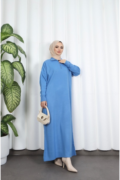 NİSUM MODA Corded Fabric Zippered Knitwear Dress