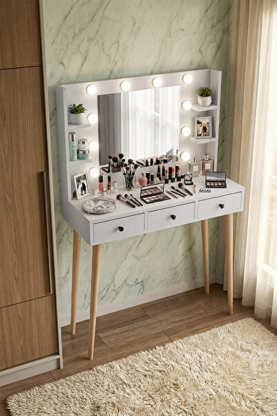 BAGAX Ahşap Ayaklı LED Işıklı Aynalı Makyaj Masası – Çekmeceli, Raflı