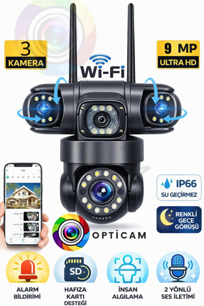 Opticam -113W 3+3+3 9 MP WİFİ 3 LENS GÜVENLİK KAMERASDI 1.5A ADAPTÖR HEDİYE