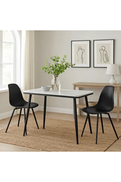 Palma homez Modern Table with White Marble Top and Black Legs