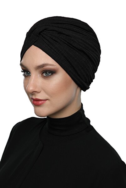 elysianfidan Çapraz Penye Astarlı Siyah Hazır Türban Tesettür Havuz Bonesi Me...