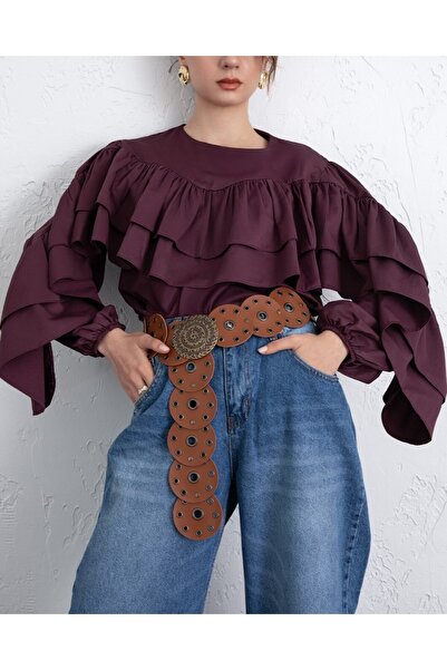 Modamorfo Flounce Sleeve Elastic Blouse -Plum