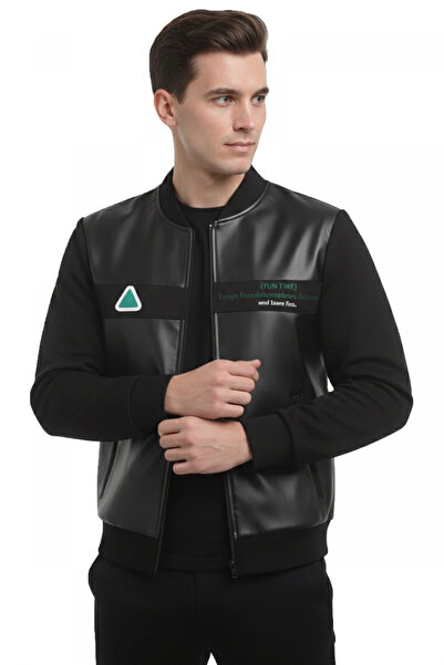 DeepSEA جاكيت/معطف رجالي من الجلد الصناعي باللون الأسود بقصة ضيقة - جاكيت/معط...