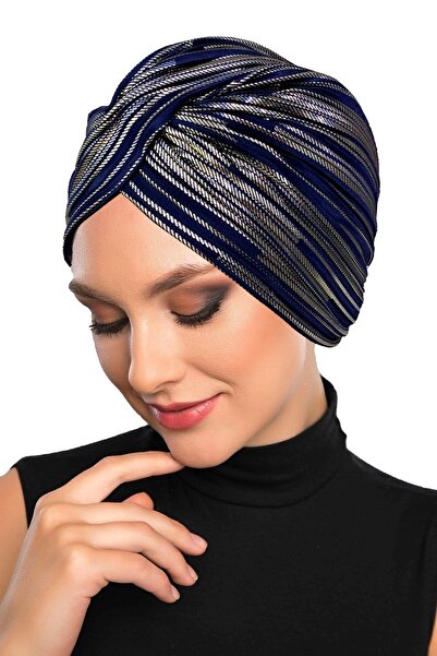 elysianfidan Pleated, Gilded Lined Navy Blue Ready-made Hijab Hijab Evening D...