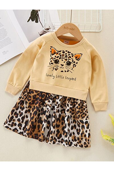 VESTIR BIEN Υπέροχο μικρό παιδικό φόρεμα μπεζ από ύφασμα λεοπάρ με στάμπα λεοπάρ