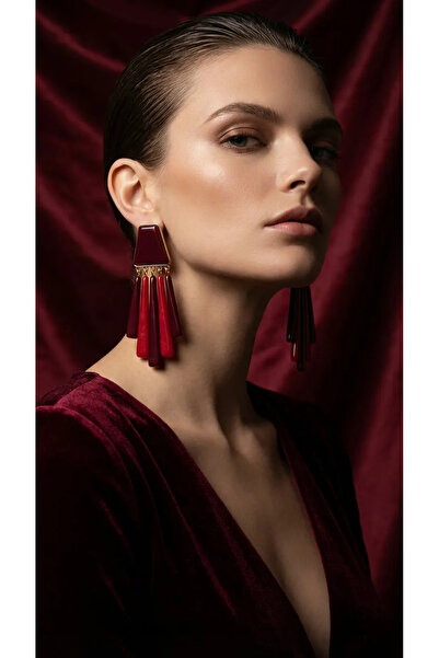 Dorvina Burgundy Color Gold Detail Zr Model Long Bijouterie Women's Earrings ...
