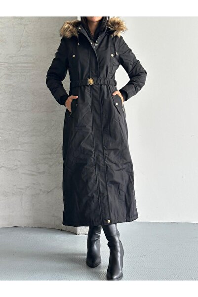 LİNDALİNA TEKSTİL Women's Hooded Furry Long Coat