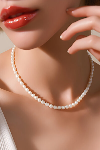 NBS Beautiful Naturel Stones Kadın Gerçek Arpa İnci Kolye AA kaliteli İnci Za...