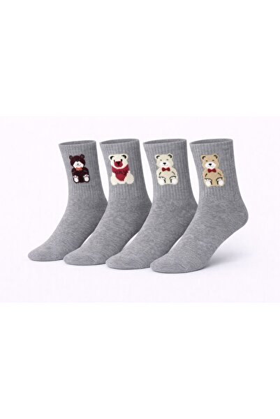 İpeksi 4 Pairs of Teddy Bear Patterned Seamless Organic Combed Cotton Socks
