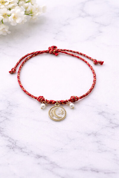 NevoAccessory Moon Detailed Red String Adjustable Women's Bracelet – Pearl Da...