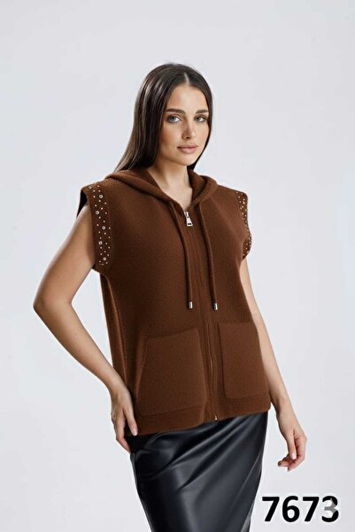 PEKA kadın fermuarlı kapüşonlu angora yumuşak dokulu triko suveter yelek