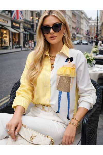 ANBLYs COLLECTION KIZ DESENLİ YARISI ÇİZGİLİ YARISI DÜZ UZUN KOLLU KADIN GÖMLEK