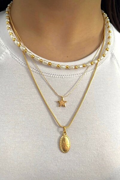 stravis Gold Renk Çoklu Yıldız Charm İncili 3’lü Kombin Kolye Seti