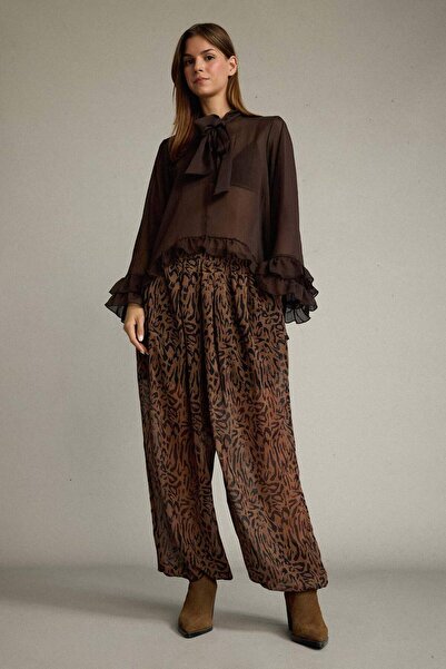 DeFacto Relax Fit Normal Waist Leopard Patterned Chiffon Trousers G5653Ax25Wn