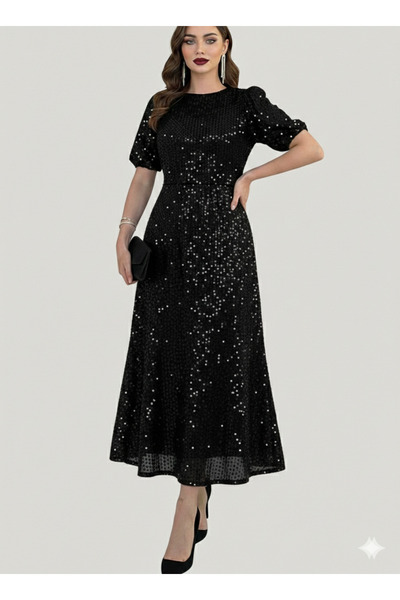 QETEENN Büyük Beden Siyah Payetli Balon Kol Yırtmaçsız Astarlı Şık Abiye Elbise