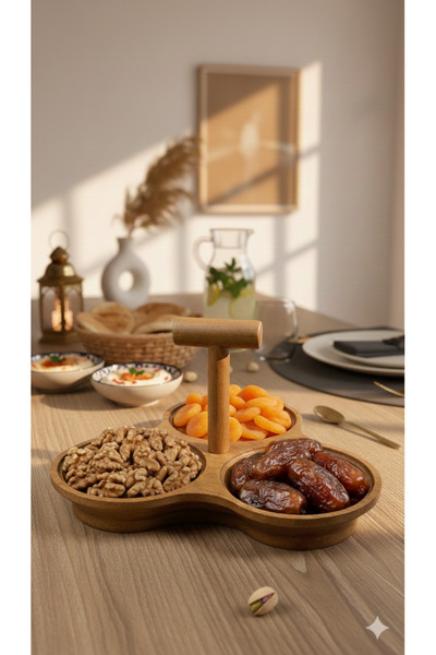 Dia Acacia Lid Covered 3-Piece Snack Plate, Date Presentation Plate