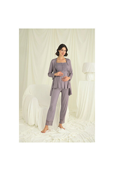 Narnuga Lace Front Buttoned Maternity 3-Piece Pajamas Set
