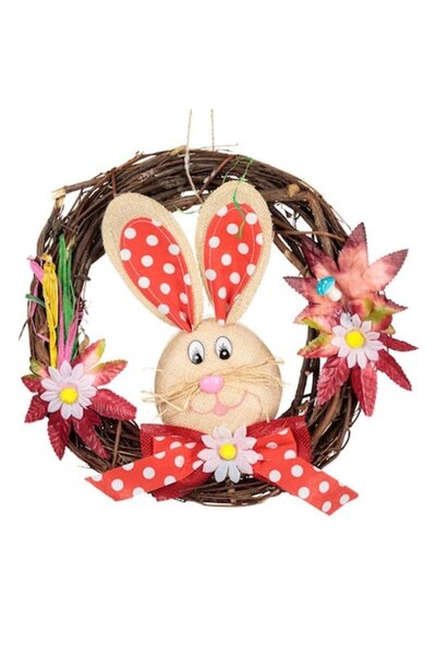 OEM Decorative Easter Wreath with Bunnies and Red Polka Dot Bow 26cm