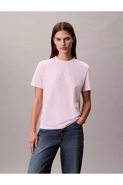 Calvin Klein Women's Ck Text Detail Short Sleeve Crew Neck Pink T-Shirt Lv047...