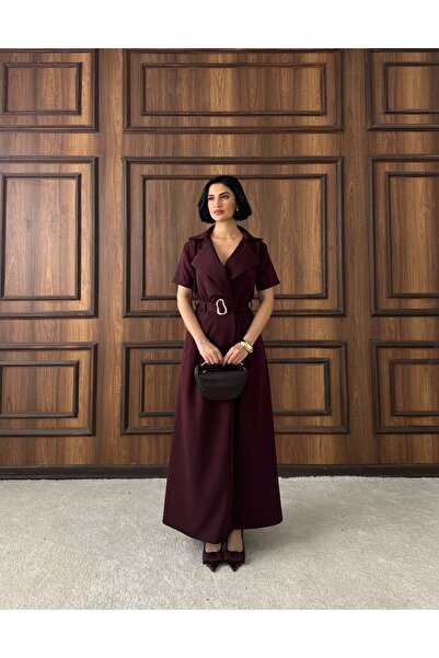 Monapera Kadın Kruvaze Yaka Gold Kemerli Midi Atlas Elbise