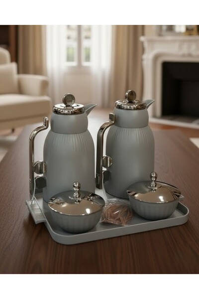 Generic 5-piece tea and coffee thermos set with serving tray, sugar container...