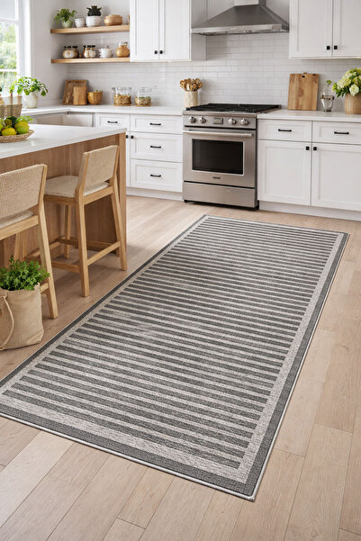 Nihai Ev Dijital Kaymaz Yıkanabilir Gri Çizgili Salon Halısı Mutfak Halısı Yo...