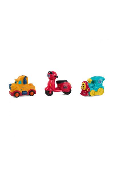MomKi Set 3 vehicule actionate prin inertie- masinuta galbena, scuter rosu, t...