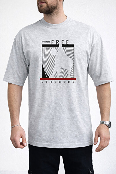 caddekombin تي شيرت رجالي باللون الرمادي مطبوع عليه نص Born To Be Free ذو ياق...
