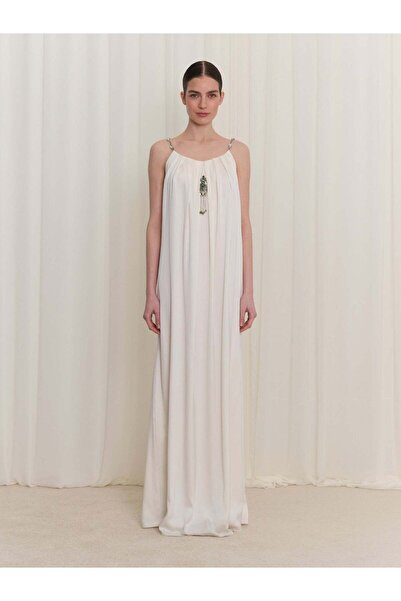 BAQA İşleme Detaylı Askılı Ekru Elbise