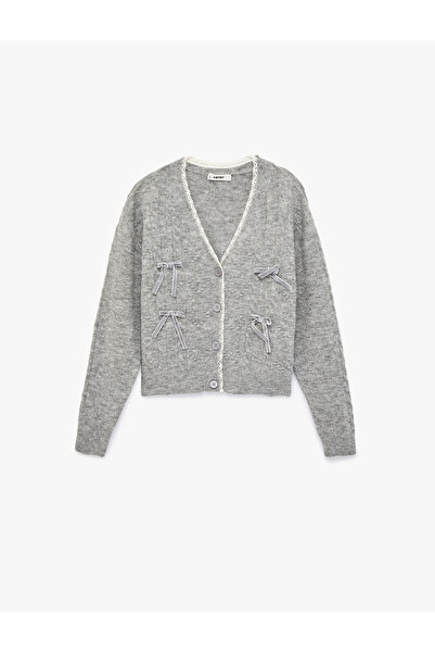 Koton Lace Detailed Bowknot Buttoned V-Neck Knitwear Cardigan