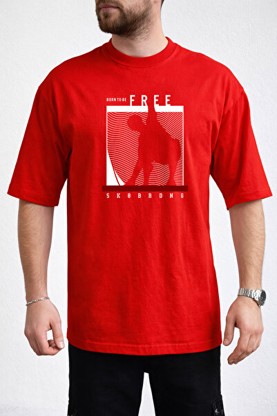 caddekombin Men's Born to Be Free Text Printed Crew Neck Red T-Shirt