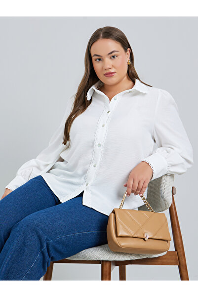 Styli Plus Size Women White Lace Trim Shirt