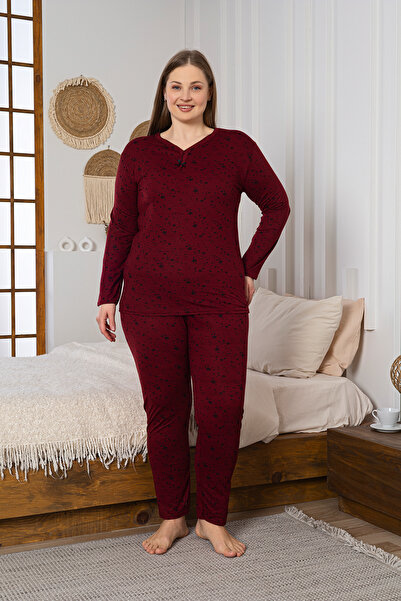 MİSSLALE Σετ γυναικεία μακρυμάνικη πιτζάμες με σχέδια από βισκόν σε μεγάλο μέ...