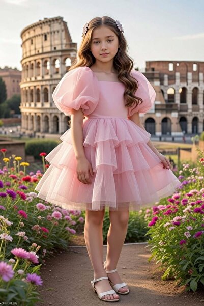 Riccotarz Детска вечерна рокля с квадратно деколте, наслоени плисета, балонни...