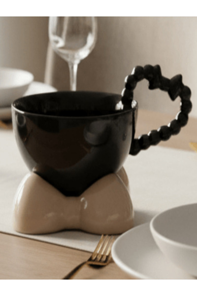 AKDC Ceramic Cup and Saucer Set – Black with Beige Flower Pattern, 300 ml Cof...