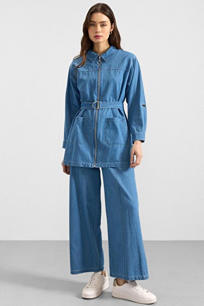 Olcay Zipper Closure Wide Leg Denim Double Suit Set Light Blue 9392-Tk
