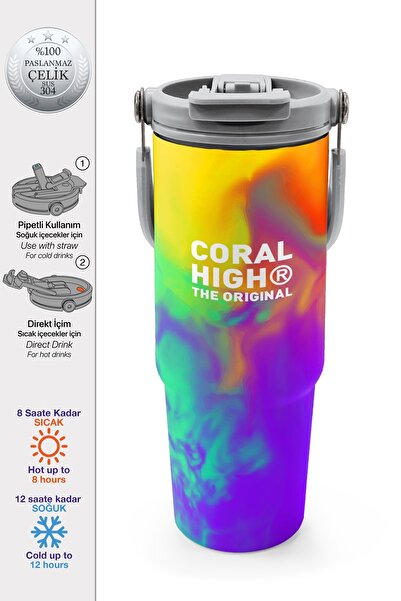 Coral High Colorful Patterned Steel Thermos with Straw and Direct Drinking Fe...
