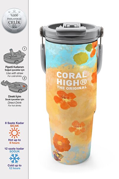 Coral High Flower Patterned Steel Thermos with Straw and Direct Drinking Feat...