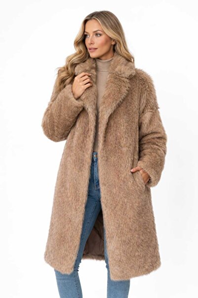 eva clothing Women's Camel Long Fur Coat