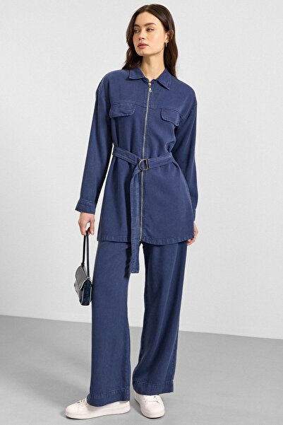Olcay Zipper Closure Jacket Pants Soft Denim Double Suit Indigo 9395-Tk