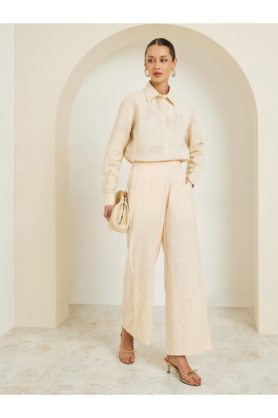 Styli Women Off-White Embroidered Wide Leg Trousers