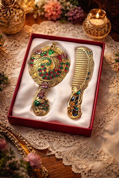 seymenbıçakçılık Motifli El Aynası & Tarak Seti | Vintage Gold Şık Tasarım | ...