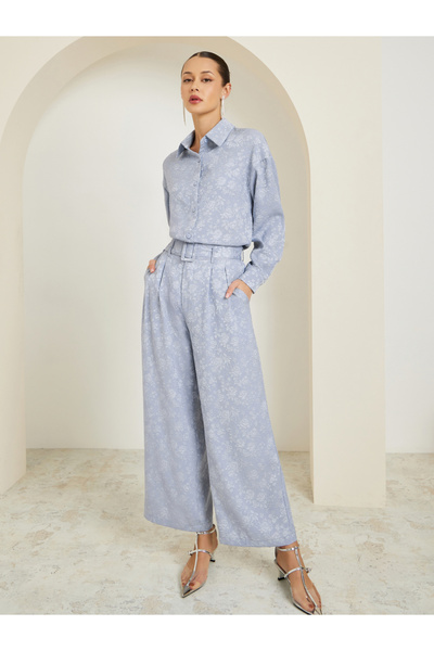 Styli Women Wide Leg Jacquard Pattern Belted Pants