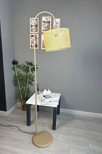 Bamyum Ratta Hasır Bej Lambader Bej Metal Zemin Lambası