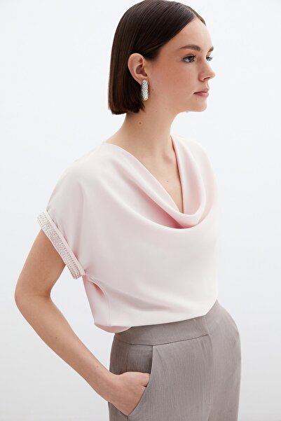 Sateen Loose Blouse with Stone Detail on Sleeves - Powder