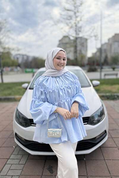 RFK Butik Bluză tunică de damă cu mâneci bufante și design floral - Albastru