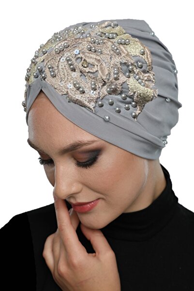 elysianfidan Kopma Lined Embroidered Light Gray - Powder Lace Motif Ready-Mad...