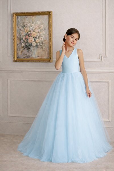 SUNEH Rochie de seară lungă pentru fete, model Akasya, albastru bebeluș, cu d...