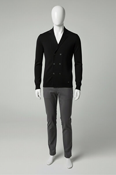 ELEVLİ Erkek Triko Kruvaze Ceket Yaka İnce Hırka SİYAH