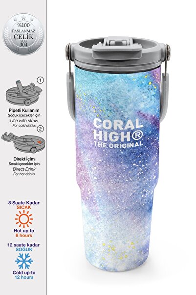 Coral High Colorful Patterned Steel Thermos with Straw and Direct Drinking Fe...